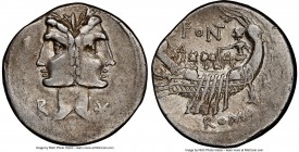 C. Fonteius (ca. 112 BC). AR denarius (20mm, 3.91 gm, 2h). NGC XF 4/5 - 3/5, scratches, edge bend. Rome. Laureate head of beardless Janus, R to left a...