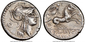D. Silanus L.f. (ca. 91 BC). AR denarius (18mm, 3h). NGC Choice XF. Rome. Head of Roma right, wearing winged helmet decorated with griffin crest; O be...