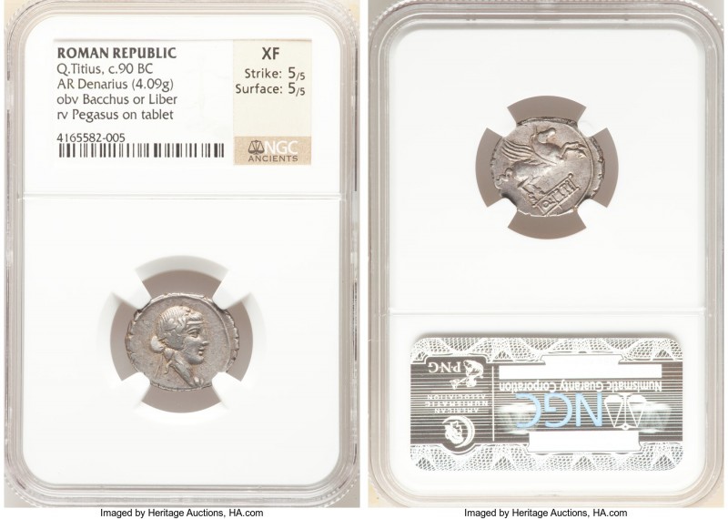 Q. Titius (ca. 90 BC). AR denarius (19mm, 4.09 gm, 5h). NGC XF 5/5 - 5/5. Rome. ...