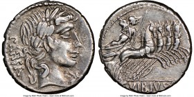 C. Vibius C. f. Pansa (ca. 90 BC). AR denarius (18mm, 6h). NGC XF. Rome. PANSA, laureate head of Apollo right with flowing hair; S before / C•VIBIVS•C...