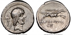 L. Calpurnius Piso Frugi (90 BC). AR denarius (19mm, 7h). NGC Choice VF. Rome. Laureate head of Apollo right; trophy behind / L•PISO•FRVGI, horseman r...