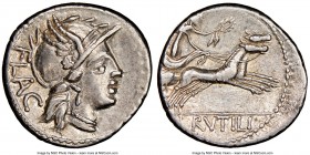 L. Rutilius Flaccus (ca. 77 BC). AR denarius (19mm, 6h). NGC Choice XF. Rome. FLAC, head of Roma right in winged helmet decorated with griffin crest, ...