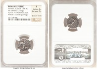 M. Aemilius Scaurus and P. Plautius Hypsaeus (ca. 58 BC). AR denarius (18mm, 3.91 gm, 5h). NGC Fine 4/5 - 3/5, bankers marks. Rome. M•SCAVR / AED•CVR,...