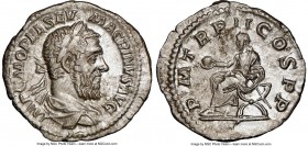 Macrinus (AD 217-218). AR denarius (20mm, 5h). NGC AU. Rome, Decemeber AD 217. IMP C M OPEL SEV-MACRINVS AVG, laureate, draped and cuirassed bust of M...