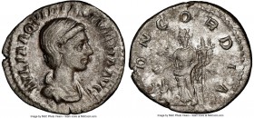 Julia Aquilia Severa (AD 220-222). AR denarius (20mm, 6h). NGC Choice VF. Rome. IVLIA AQVILIA SEVERA AVG, draped bust of Julia Aquilia right, seen fro...