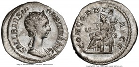 Orbiana (AD 225-227). AR denarius (21mm, 3.02 gm, 2h). NGC MS 5/5 - 4/5. Rome, AD 225. SALL BARBIA-ORBIANA AVG, draped bust of Orbiana right, seen fro...
