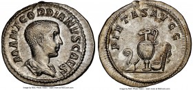 Gordian III, as Caesar (AD 238-244). AR denarius (21mm, 3.07 gm, 1h). NGC Choice AU 5/5 - 4/5. Rome, 238 AD. M ANT GORDIANVS CAES, bare headed, draped...