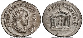 Philip I (AD 244-249). AR antoninianus (23mm, 3.83 gm, 12h). NGC MS 3/5 - 4/5. Rome, AD 248. IMP PHILIPPVS AVG, radiate, draped and cuirassed bust of ...
