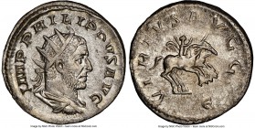 Philip I (AD 244-249). AR antoninianus (22mm, 6h). NGC AU. Rome, 5th officina, Millennium Issue, AD 248. IMP PHILIPPVS AVG, radiate, draped and cuiras...