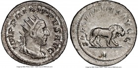 Philip I (AD 244-249). AR antoninianus (23mm, 11h) NGC AU. Rome, 1st officina, AD 247-248. IMP PHILIPPVS AVG, radiate, draped, and cuirassed bust of P...