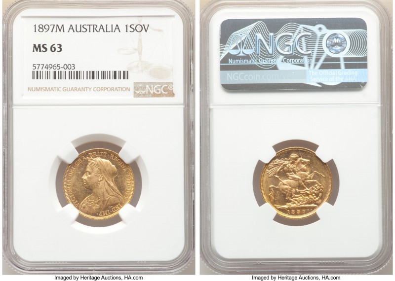 Victoria gold Sovereign 1897-M MS63 NGC, Melbourne mint, KM13. AGW 0.2355 oz. 
...