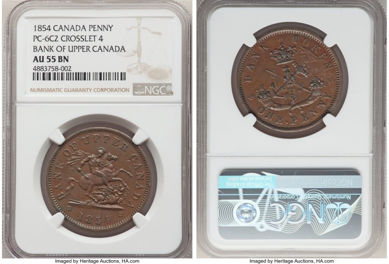 Province of Canada. Bank of Upper Canada "St George" Penny Token 1854 AU55 Brown...
