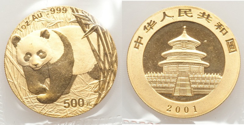 People's Republic gold Panda 500 Yuan (1 oz) 2001 UNC, KM1405, PAN-335A. Still e...