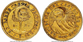 Republic gold Counterstamped Escudo ND (1849-1857) CR-JB XF45 NGC, San Jose mint, KM84. Type VII (Holder shows T6) Countermark on Central American Rep...