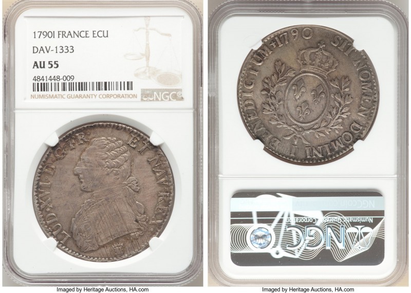 Louis XVI Ecu 1790-I AU55 NGC, Limoges mint, KM564.7, Gad-356. Light adjustments...
