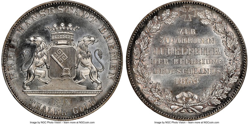 Bremen. Free City Taler 1863 MS64 NGC, KM245. Mintage: 20,005. One year type, co...