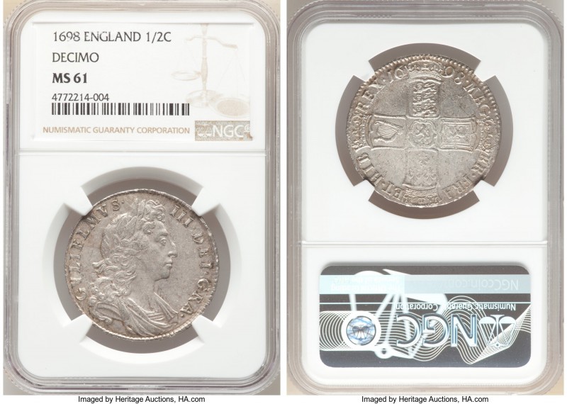 William III 1/2 Crown 1698 MS61 NGC, KM492.2, S-3494. First bust DECIMO edge. 
...