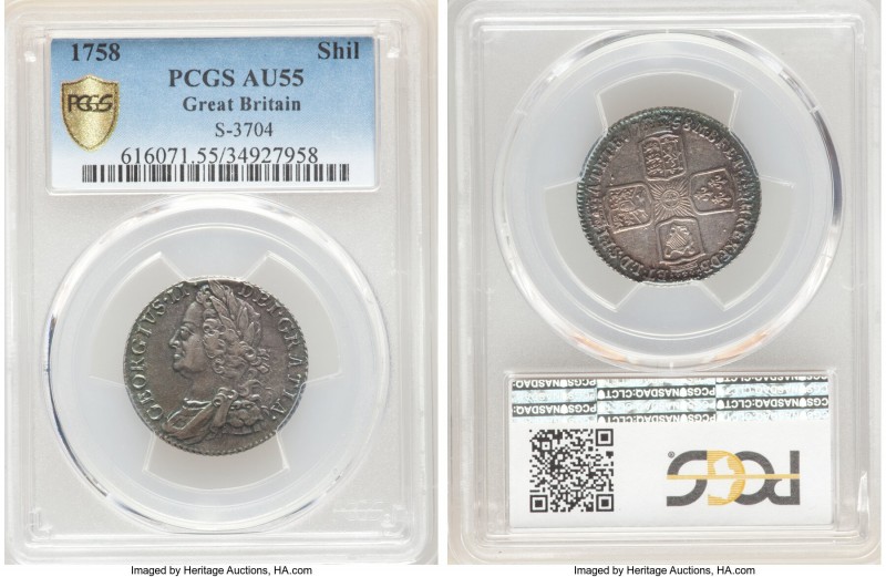 George II Shilling 1758 AU55 PCGS, KM583.3, S-3704. Attractive icy-blue and rose...