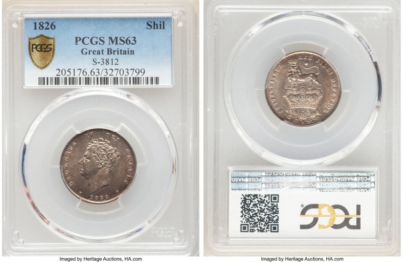 George IV Shilling 1826 MS63 PCGS, KM694, S-3812. Well struck, and draped in a r...