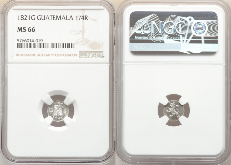 Ferdinand VII 1/4 Real 1821-G MS66 NGC, Nueva Guatemala mint, KM72. Semi-proofli...