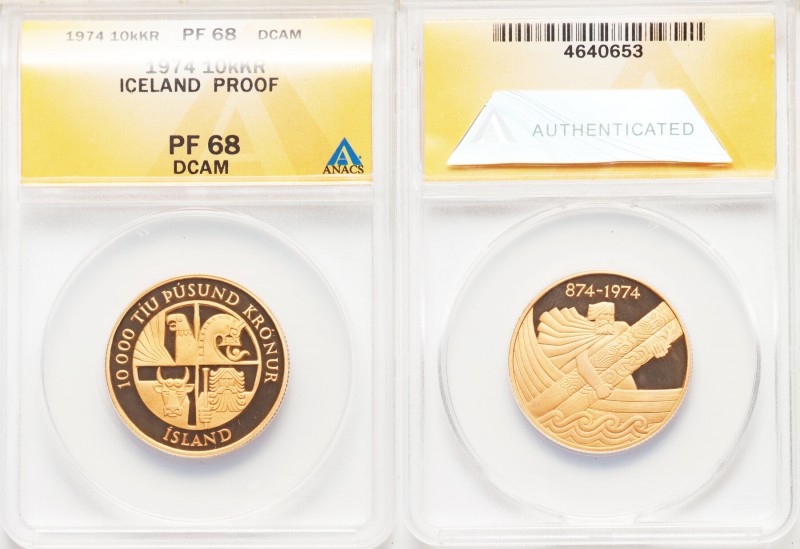 Republic Proof gold 10000 Kronur 1974 PR68 Deep Cameo ANACS, KM22. 1100th annive...