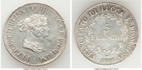 Lucca. Felix Bacciocchi & Elisa Bonapaparte 5 Franchi 1805 XF, Florence mint, KM24.1. 37.7mm. 24.81gm. Edge defect at 3 o'clock. 

HID09801242017
...
