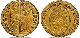 Venice. Lorenzo Priuli gold Zecchino ND (1556-1559) MS62 NGC, Fr-1255. 3.35gm. L?V PRIOL | • S | • M | • V | E | N | E | T, Doge kneeling left before ...