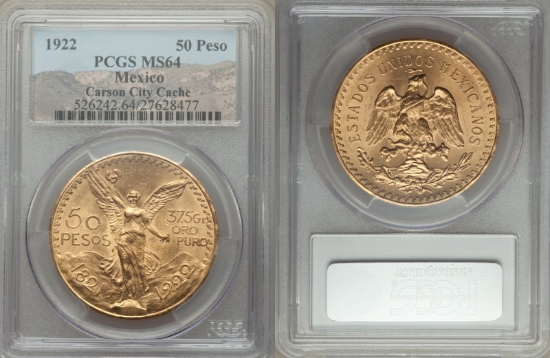 Estados Unidos gold 50 Pesos 1922 MS64 PCGS, Mexico City mint, KM481, Fr-172. So...