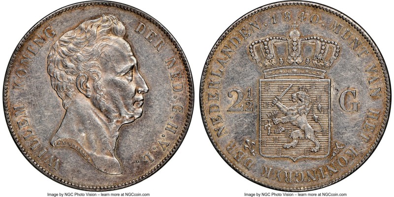 Willem I 2-1/2 Gulden 1840 AU58 NGC, Utrecht mint, KM67. One year type. 

HID0...