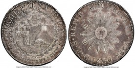 South Peru. Republic 8 Reales 1838 CUZCO-MS AU50 NGC, Cuzco mint, KM170.4. Radiant sun face, with stars above / Volcano, castle in wreath.

HID09801...