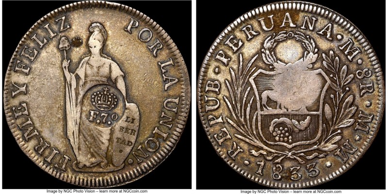 Spanish Colony. Ferdinand VII Counterstamped 8 Reales ND (1834) VF20 NGC, Lima m...