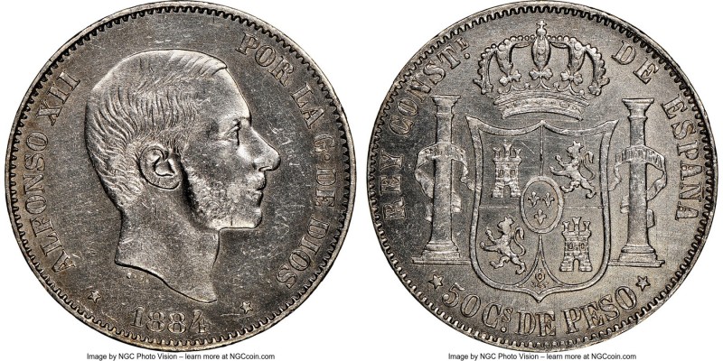 Spanish Colony. Alfonso XII 50 Centimos 1884 AU Details (Cleaned) NGC, KM150. Mi...