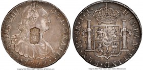 Maria II Counterstamped 870 Reis ND (1834) XF45 NGC, KM440.20. Displaying crowned Portuguese shield counterstamp (XF Strong) on a Charles IV 8 Reales ...