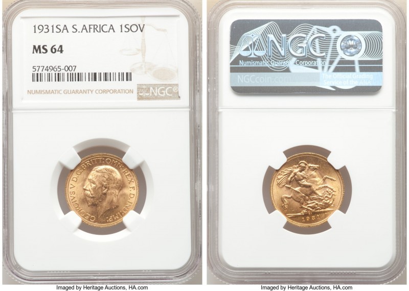 George V gold Sovereign 1931-SA MS64 NGC, Pretoria mint, KM-A22. AGW 0.2355 oz. ...