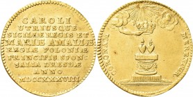 NAPOLI. Carlo di Borbone, 1734-1759. 
Carlino o medaglia 1738. Au gr. 3,47 mm 21,8 Dr. CAROLI / UTRIUSQUE / SICILIÆ REGIS ET / MARIÆ AMALIÆ / REGIÆ P...