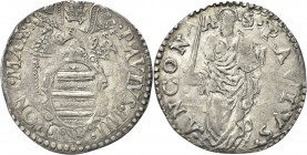 ANCONA. Paolo IV (Gian Pietro Carafa), 1555-1559. 
Giulio. Ag gr. 2,89 Dr. PAVLVS III - PON MAX. Stemma ovale sormontato da triregno e chiavi decussa...