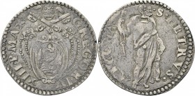 ANCONA. Gregorio XIII (Ugo Boncompagni), 1572-1585. 
Testone. Ag gr. 9,37 Dr. GREGORI - XIII P MAX. Stemma ovale in cornice sormontato da triregno e ...