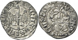 AQUILA (L’). Renato d’Angiò, 1435-1442. 
Cella. Ag gr. 1,08 Dr. RENATVS REX DEI G. Aquila non coronata. Rv. S PET RVS PP. Celestino V seduto, benedic...