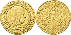 BOLOGNA. Giovanni II Bentivoglio, 1463-1506. 
Doppio Ducato. Au gr. 6,73 Dr. IOANNES BENTIVO -LVS II BONONIENSIS. Busto con berretto a d. Rv. MAXIMIL...