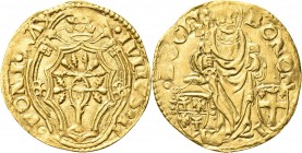 BOLOGNA. Giulio II (Giuliano della Rovere), 1503-1513. 
Ducato papale. Au gr. 3,46 Dr. IVLIVS II - PONT MAX. Stemma decagono in quadribolo con chiavi...