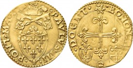 BOLOGNA. Paolo III (Alessandro Farnese), 1534-1549. 
Scudo d’oro. Au gr. 3,29 Simile a precedente ma, al rv., armetta Aligeri sormontata da mitria e ...