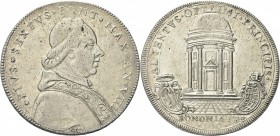 BOLOGNA. Pio VI (Giannangelo Braschi), 1775-1799. 
Da 100 Bolognini 1782 a. VIII. Ag gr. 26,31 Dr. PIVS SEXTVS PONT MAX AN VIII. Busto a d., con cama...