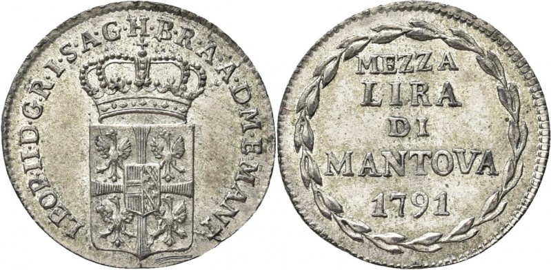 MANTOVA. Leopoldo II d’Asburgo Loren. 
1790-1792. Mezza lira 1791. Mi gr. 1,71 ...