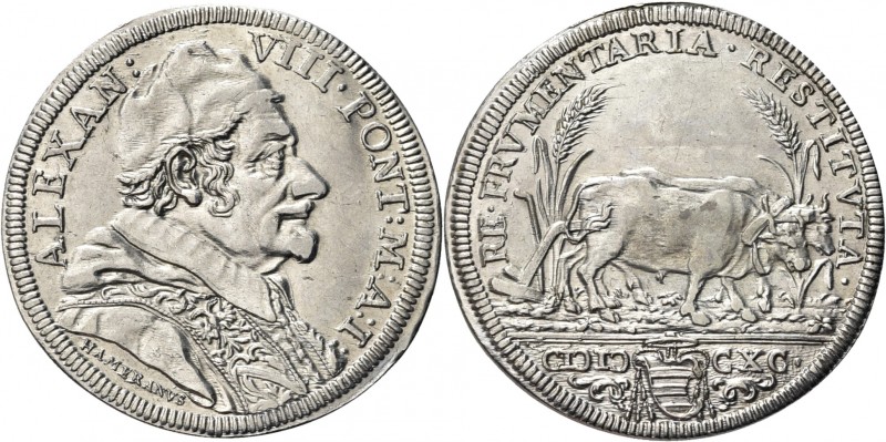 ROMA. Alessandro VIII (Pietro Ottoboni), 1689-1691. 
Testone 1690 a. I. Ag gr. ...