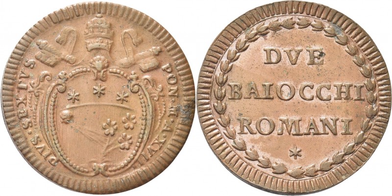 ROMA. Pio VI (Giannangelo Braschi), 1775-1799. 
Due Baiocchi a. XVIII. Æ gr. 25...