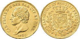 REGNO DI SARDEGNA. Carlo Felice, 1821-1831. 
20 Lire 1826 Torino. Au Come precedente. Pag. 52; Gig. 26.
q. SPL
