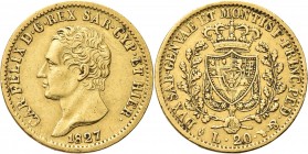 REGNO DI SARDEGNA. Carlo Felice, 1821-1831. 
20 Lire 1827 Torino. Au Come precedente. Pag. 54; Gig. 28.
q. SPL