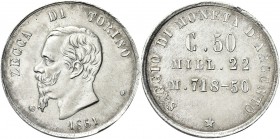 REGNO D’ITALIA. Vittorio Emanuele II, 1861-1878. 
Saggio di moneta d’argento 1861, 50 Centesimi. Ag gr. 2,98 mm 22 - 718,50 % Dr. Testa del sovrano v...
