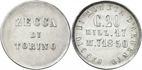 REGNO D’ITALIA. Vittorio Emanuele II, 1861-1878. 
Saggio di monete d’argento da 20 centesimi. Ag gr. 1,5 mm 17 -718,50 % Dr. Legenda ZECCA DI TORINO,...