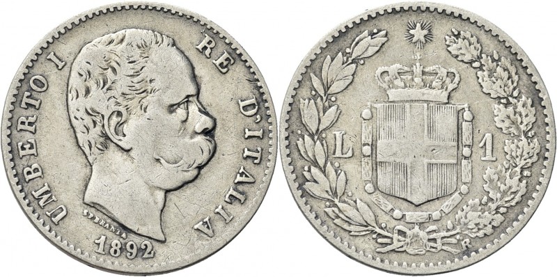 REGNO D’ITALIA. Umberto I, 1878-1900. 
Lira 1892 Roma. Ag Dr. Testa del sovrano...